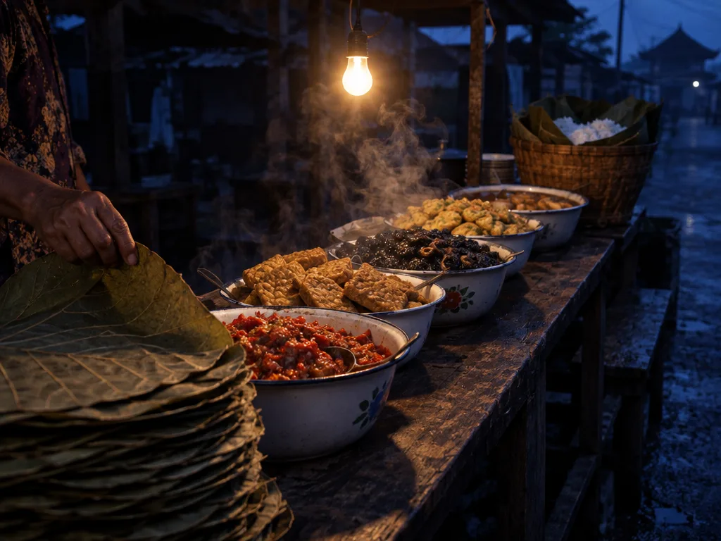 Setumpuk daun jati kering dan deretan baskom enamel berisi lauk nasi jamblang di meja panjang, sebuah tangan mengangkat daun paling atas.