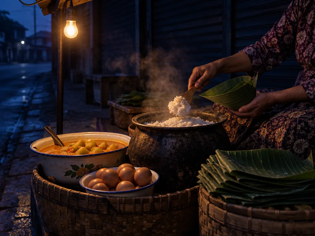 Tangan seorang penjual nasi liwet menyendok nasi dari kendil ke daun pisang, di antara bakul bambu, di bawah satu bohlam.