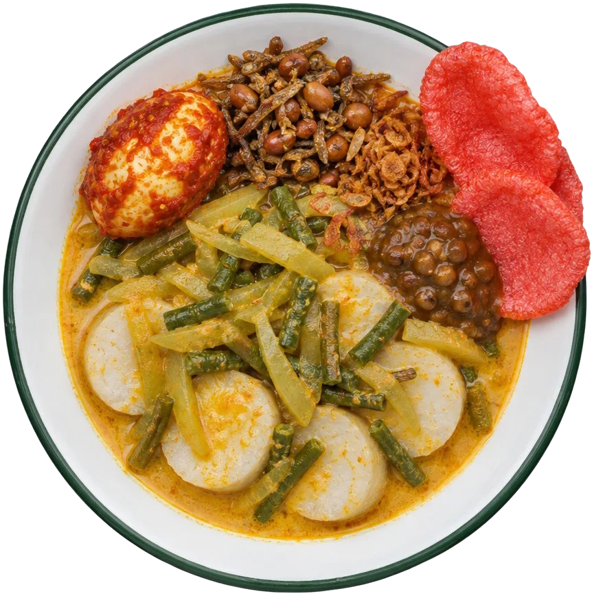 Lontong sayur Medan dengan kuah santan jingga, telur balado, teri kacang, tauco, dan kerupuk merah.