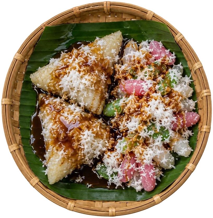 Lupis dan cenil di tampah kecil beralas daun pisang, bertabur kelapa parut dan gula merah cair.