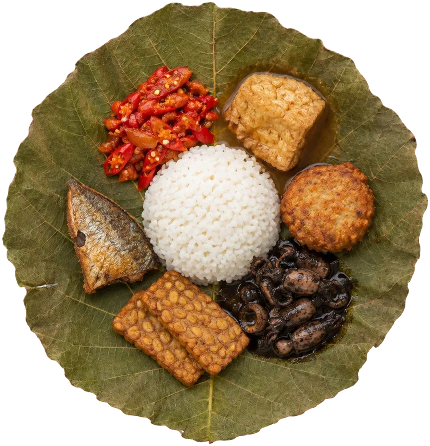 Nasi jamblang di atas selembar daun jati dengan sambal goreng, tempe, perkedel, cumi hitam, dan ikan asin.