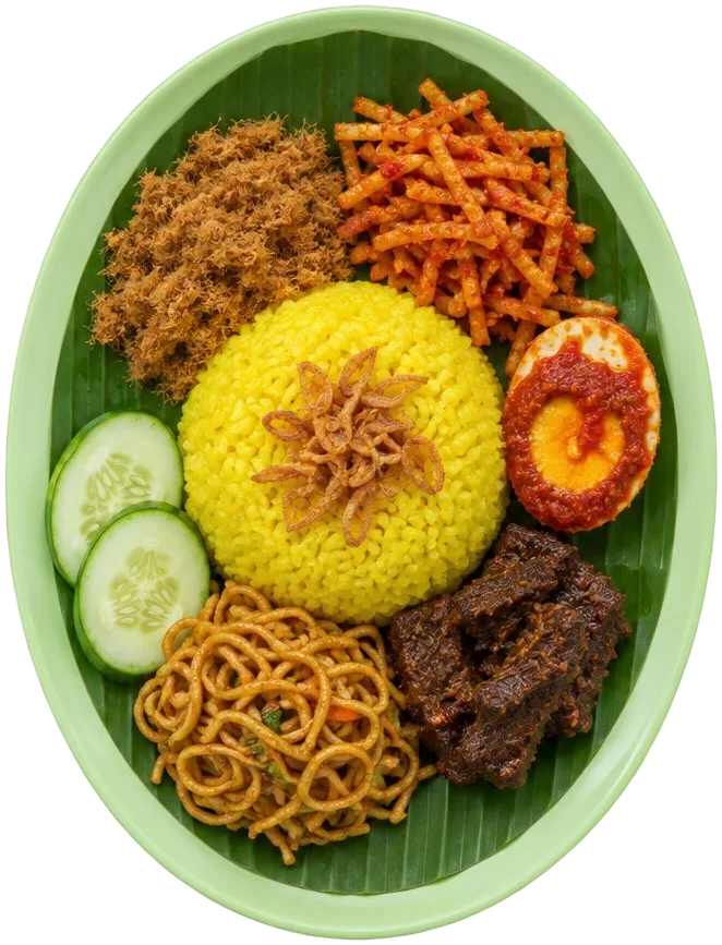 Nasi kuning di piring lonjong hijau pucat dengan abon, kentang kering, telur, daging, dan mi goreng.