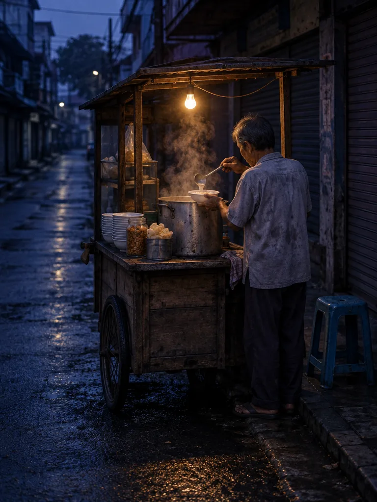 Gerobak bubur ayam di jalan basah yang masih gelap. Penjualnya, terlihat dari belakang, menyendok bubur dari dandang beruap di bawah satu bohlam.