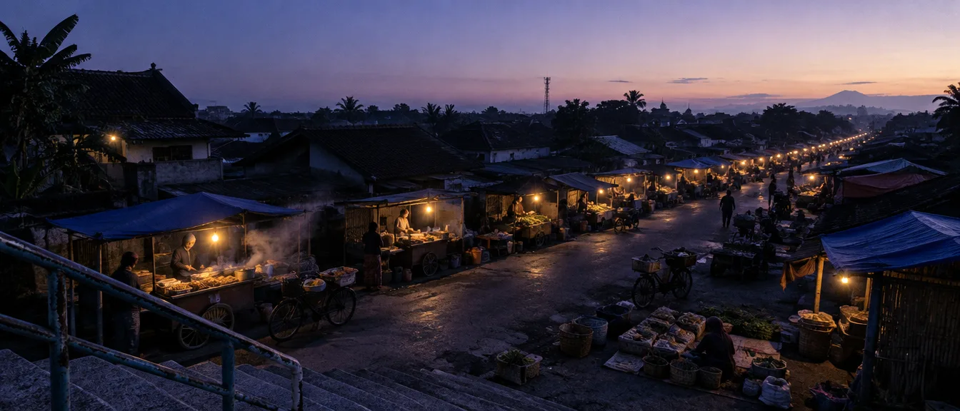 Pasar jalanan dilihat dari atas tangga beton menjelang matahari terbit: puluhan lapak, tiap lapak satu bohlam, langit ungu pucat di atas atap.
