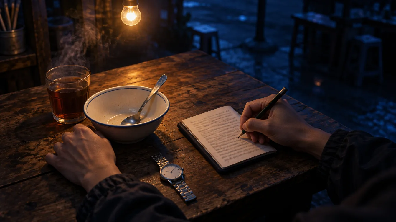 Dua tangan di meja kayu di bawah satu bohlam: tangan kanan menulis dengan pensil di buku saku, di sebelahnya mangkuk kosong, segelas teh panas, dan jam tangan.