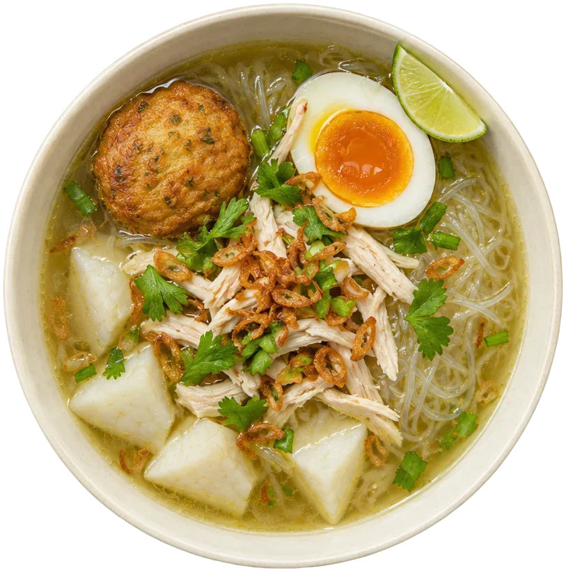 Soto Banjar berkuah bening dengan ketupat, soun, ayam suwir, telur bebek, dan perkedel.