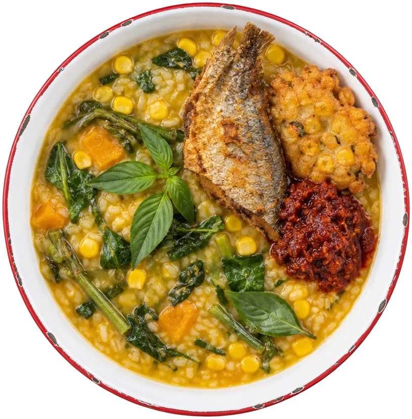 Tinutuan kuning di mangkuk enamel bertepi merah dengan jagung, kangkung, kemangi, ikan asin, dan sambal roa.